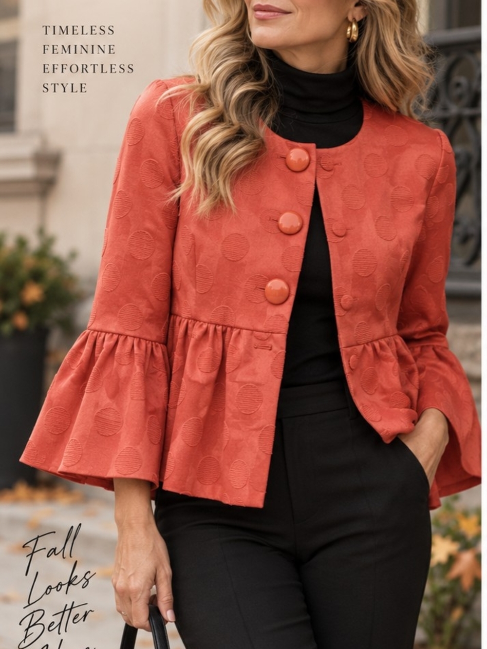 Charles Gray London Coral Peplum Jacket Textured Polka Dot Flare Sleeve Size SM